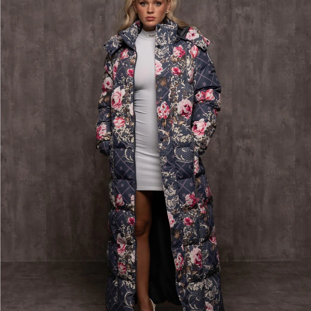 Milano Di Rouge Navy and Pink Floral Puffer Coat